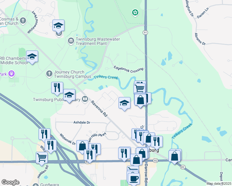 map of restaurants, bars, coffee shops, grocery stores, and more near 2674 Arbor Glen Drive in Twinsburg