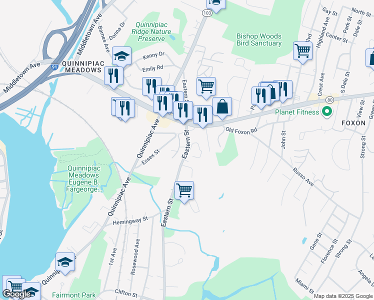 map of restaurants, bars, coffee shops, grocery stores, and more near 430 Eastern Street in New Haven