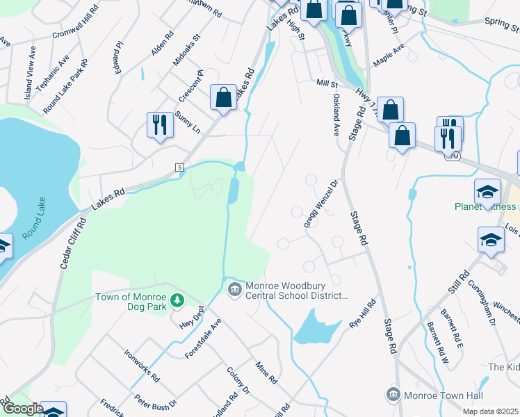 map of restaurants, bars, coffee shops, grocery stores, and more near 433 Hillside Road in Monroe