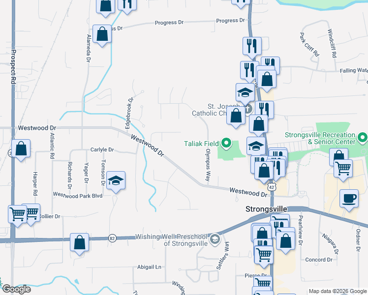 map of restaurants, bars, coffee shops, grocery stores, and more near 19703 Dell Drive in Strongsville