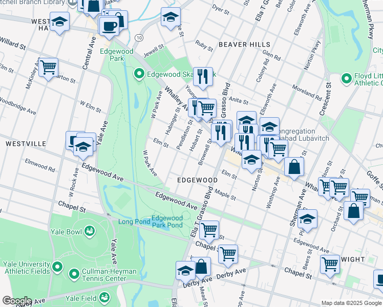 map of restaurants, bars, coffee shops, grocery stores, and more near 923 Elm Street in New Haven