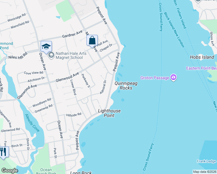 map of restaurants, bars, coffee shops, grocery stores, and more near 765 Pequot Avenue in New London