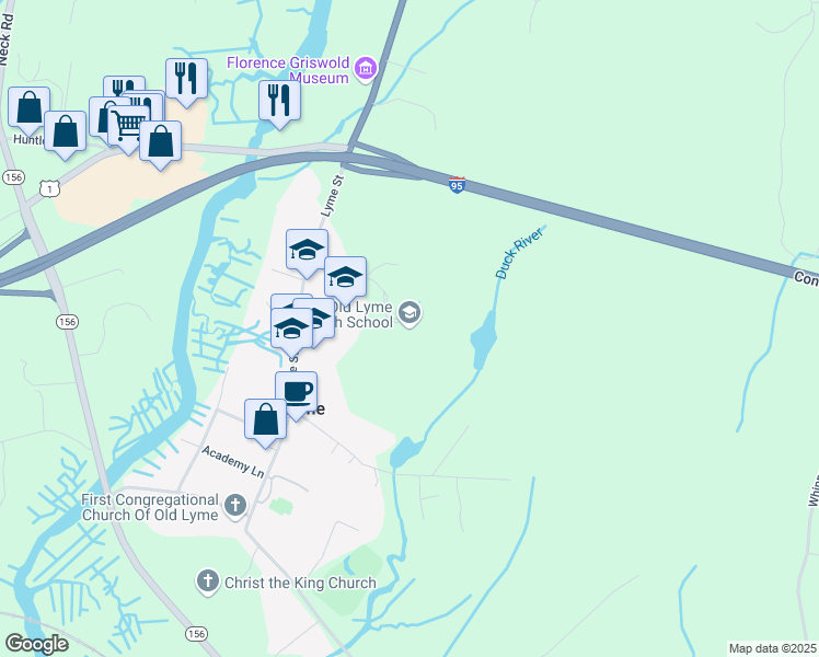 map of restaurants, bars, coffee shops, grocery stores, and more near 69 Lyme Street in Old Lyme