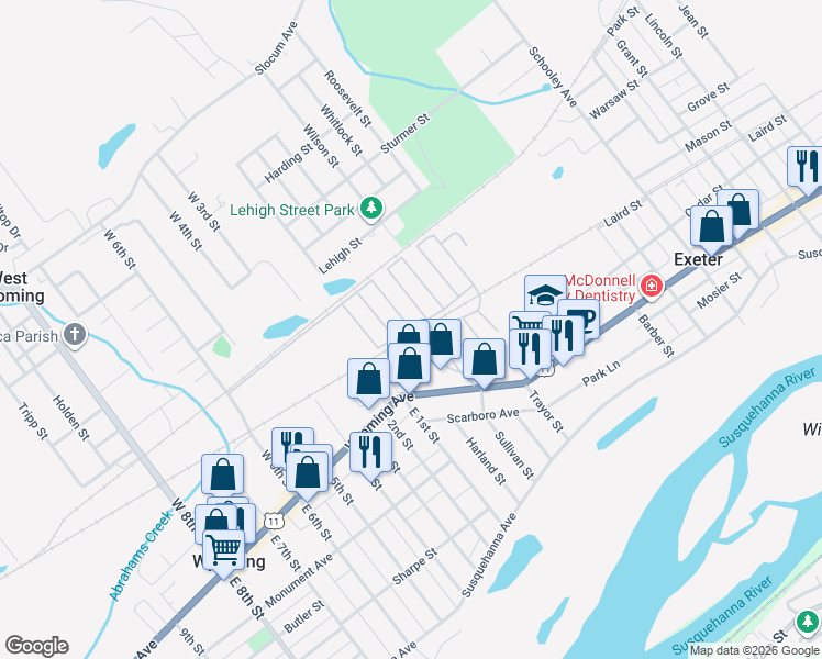 map of restaurants, bars, coffee shops, grocery stores, and more near Newport Drive in Exeter