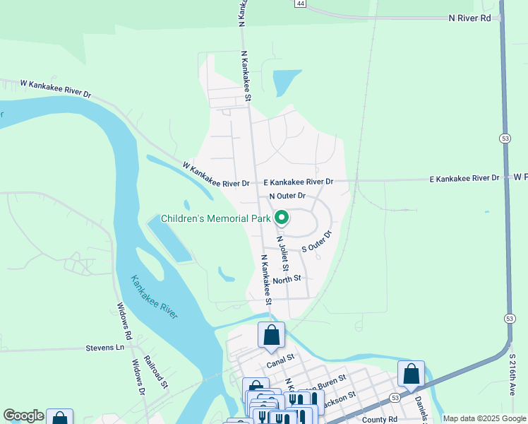 map of restaurants, bars, coffee shops, grocery stores, and more near 1211 North Kankakee Street in Wilmington