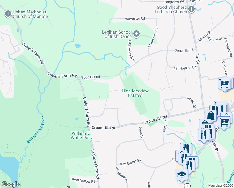 map of restaurants, bars, coffee shops, grocery stores, and more near 33-99 Heather Ln in Monroe