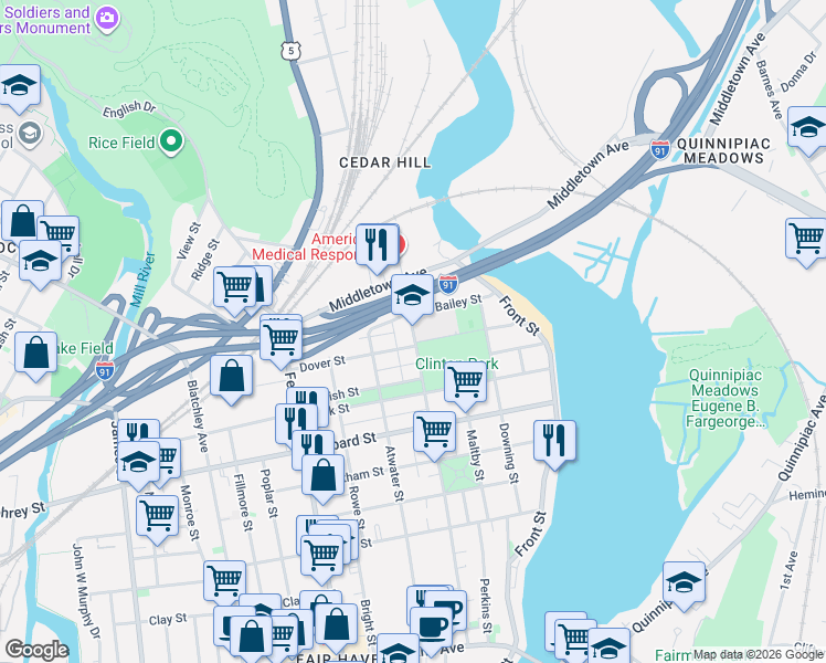 map of restaurants, bars, coffee shops, grocery stores, and more near in New Haven