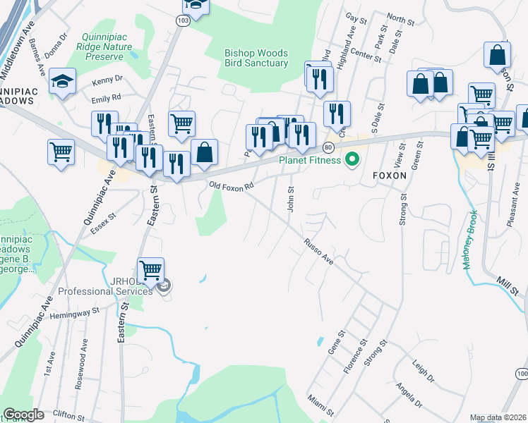 map of restaurants, bars, coffee shops, grocery stores, and more near 258 Russo Avenue in East Haven
