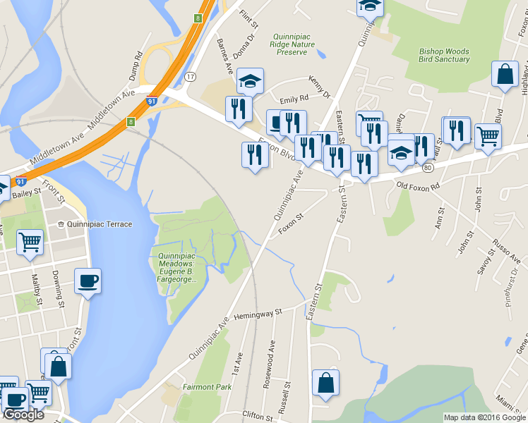 map of restaurants, bars, coffee shops, grocery stores, and more near 1162 Quinnipiac Avenue in New Haven