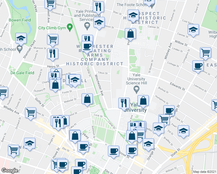 map of restaurants, bars, coffee shops, grocery stores, and more near 26 Woodland Street in New Haven