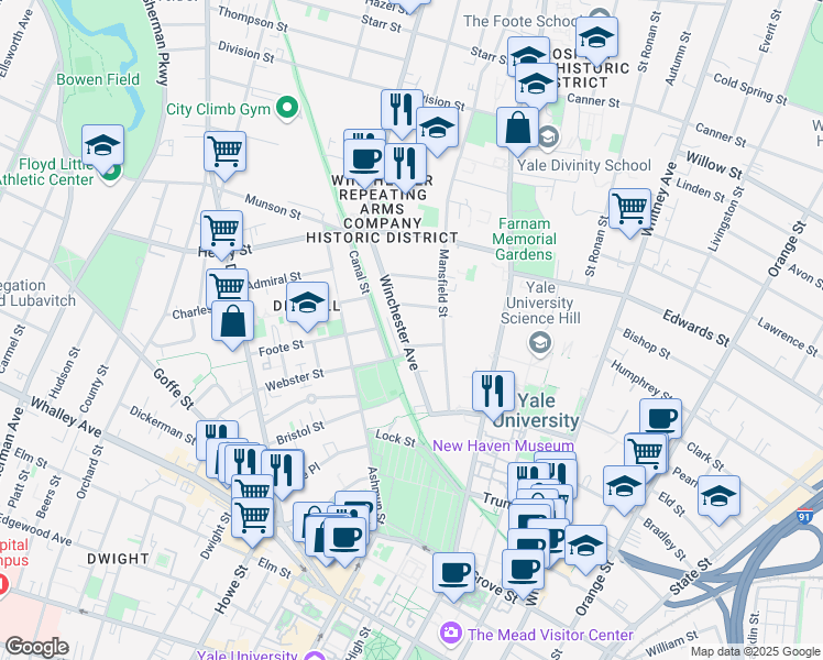 map of restaurants, bars, coffee shops, grocery stores, and more near 26 Woodland Street in New Haven