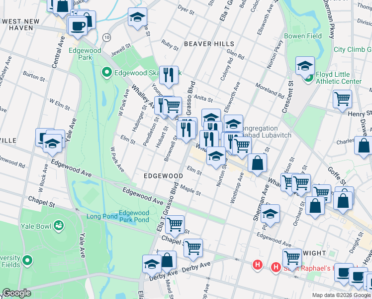 map of restaurants, bars, coffee shops, grocery stores, and more near 474 Whalley Avenue in New Haven