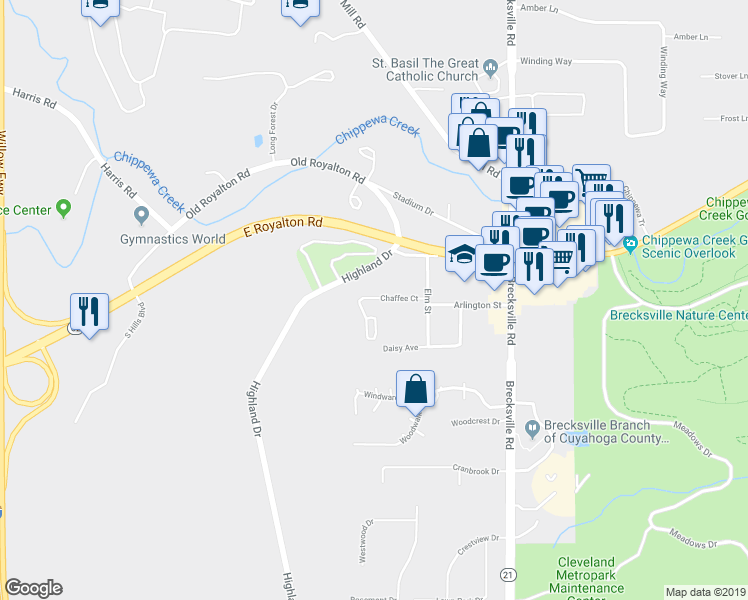 map of restaurants, bars, coffee shops, grocery stores, and more near 6908 Chaffee Court in Brecksville