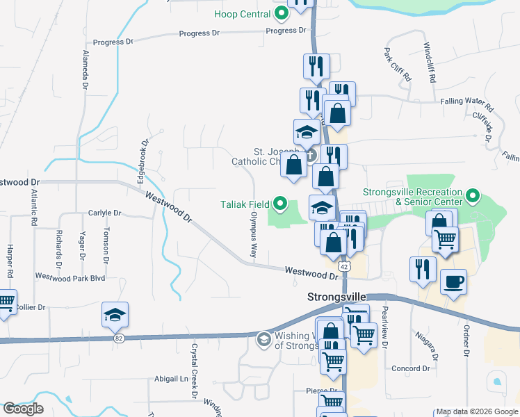 map of restaurants, bars, coffee shops, grocery stores, and more near 12977 Olympus Way in Strongsville