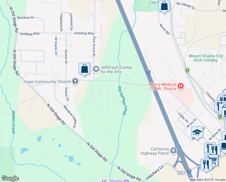 map of restaurants, bars, coffee shops, grocery stores, and more near 940 Douglas Lane in Mount Shasta