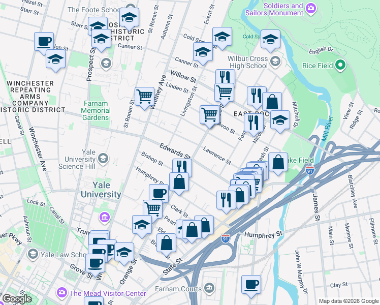 map of restaurants, bars, coffee shops, grocery stores, and more near 178 Lawrence Street in New Haven