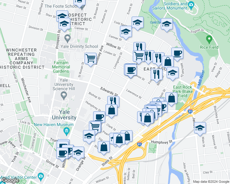 map of restaurants, bars, coffee shops, grocery stores, and more near 175 Edwards Street in New Haven