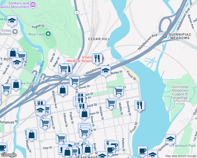 map of restaurants, bars, coffee shops, grocery stores, and more near 7 Wilcox Place in New Haven