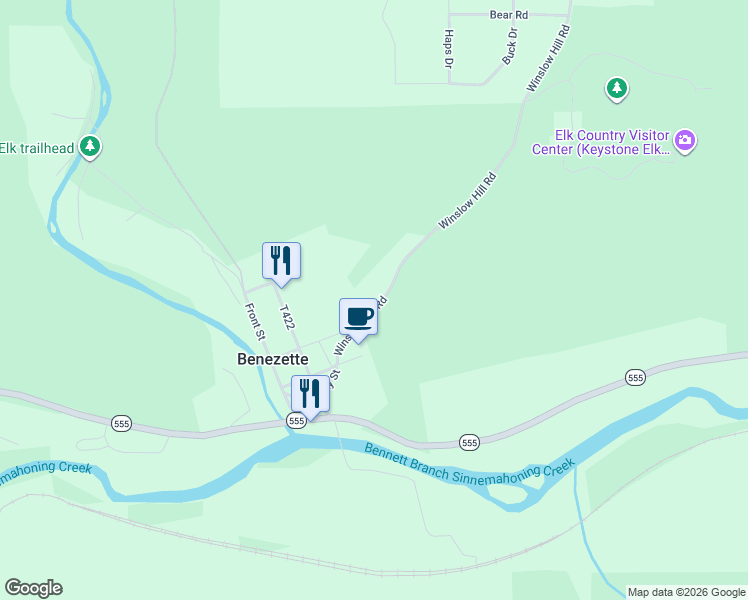 map of restaurants, bars, coffee shops, grocery stores, and more near 337 Winslow Hill Road in Benezette