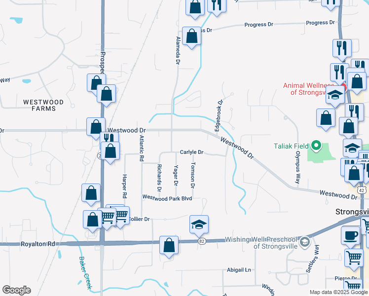 map of restaurants, bars, coffee shops, grocery stores, and more near 20370 Carlyle Drive in Strongsville