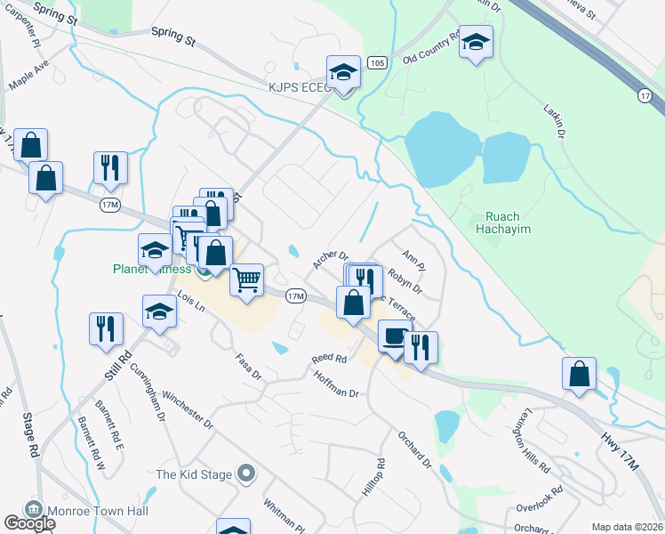 map of restaurants, bars, coffee shops, grocery stores, and more near 5 Archer Drive in Monroe