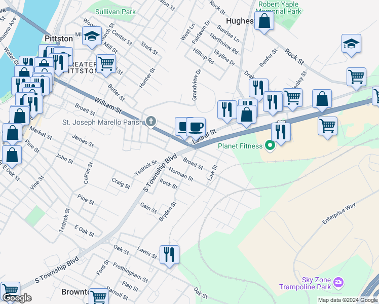 map of restaurants, bars, coffee shops, grocery stores, and more near 651 William Street in Pittston