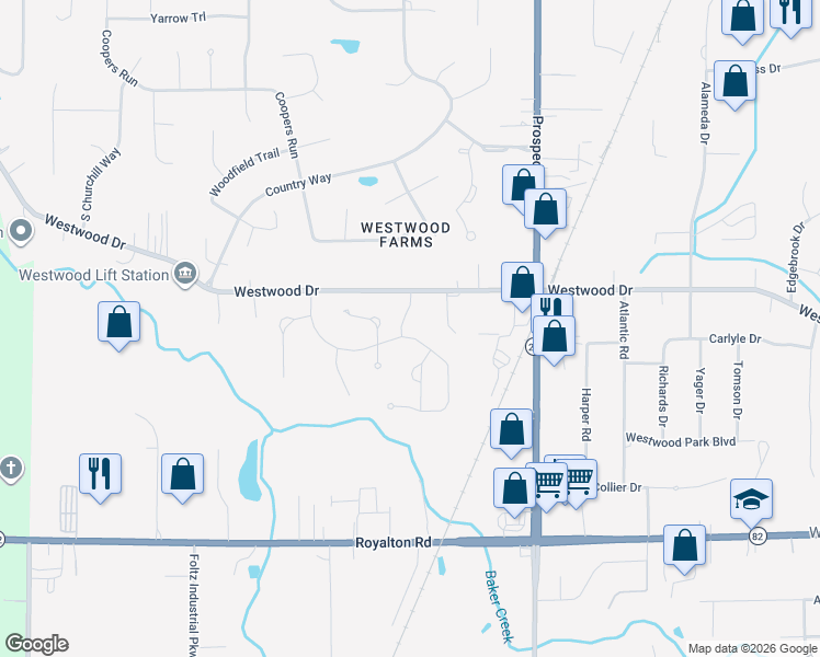 map of restaurants, bars, coffee shops, grocery stores, and more near 22000 Olde Creek Trail in Strongsville