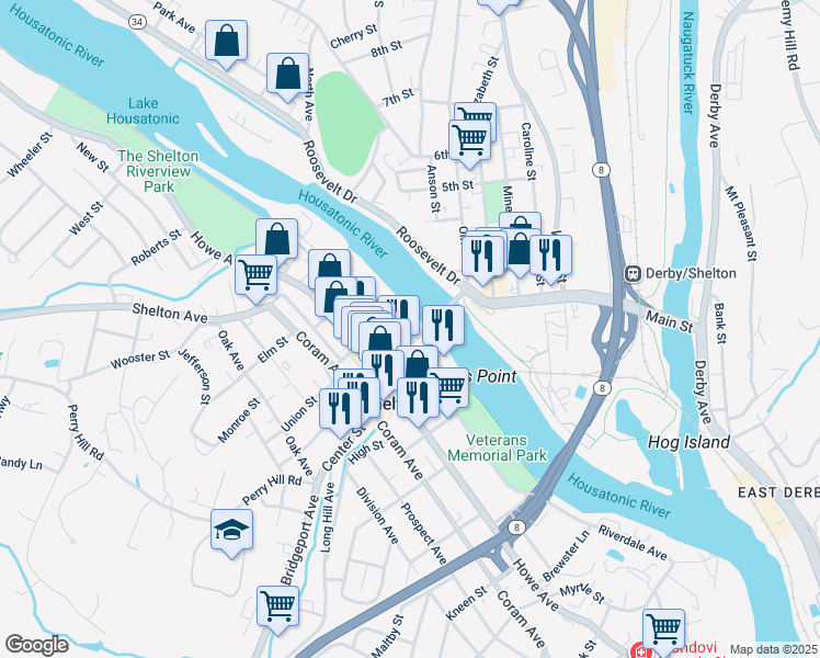 map of restaurants, bars, coffee shops, grocery stores, and more near 145 Canal Street East in Shelton