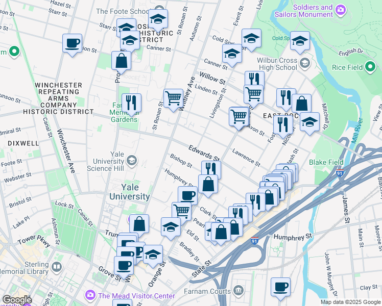 map of restaurants, bars, coffee shops, grocery stores, and more near 205 Edwards Street in New Haven