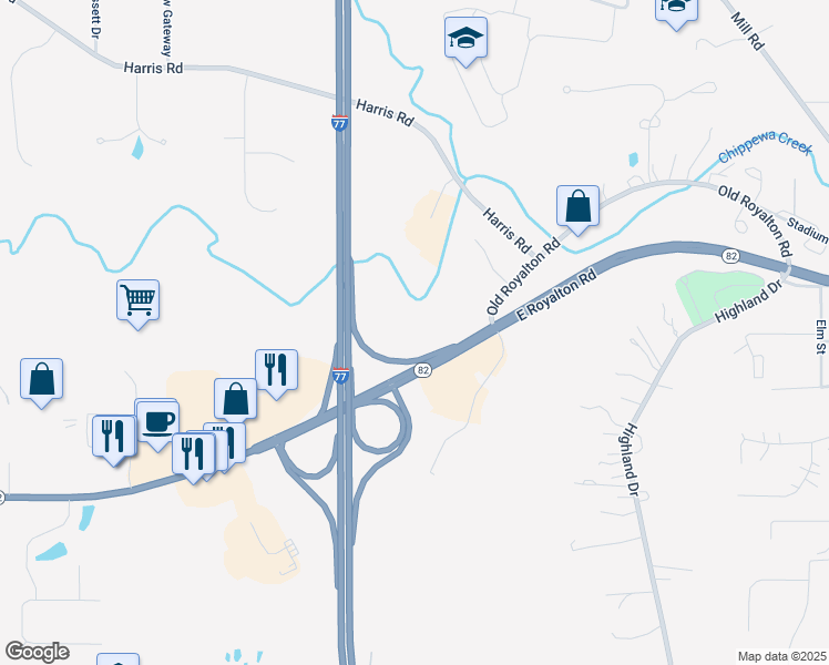 map of restaurants, bars, coffee shops, grocery stores, and more near 5901 East Royalton Road in Broadview Heights
