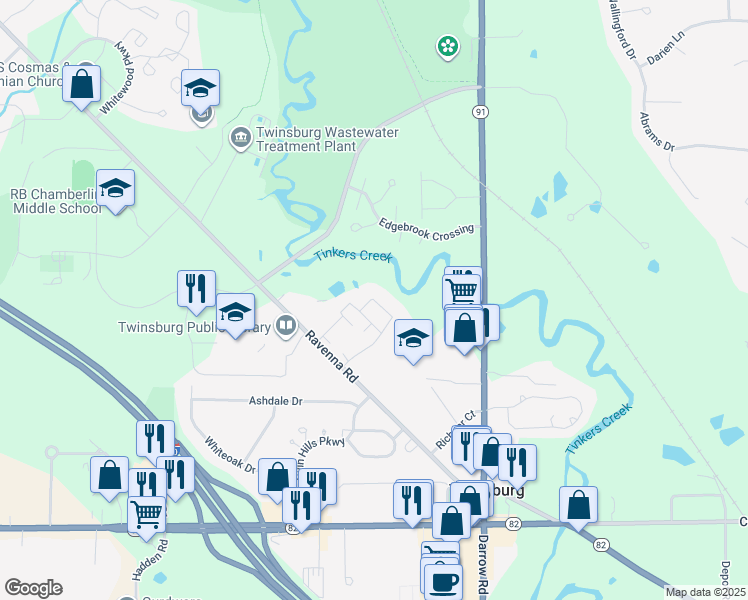 map of restaurants, bars, coffee shops, grocery stores, and more near 2637 Arbor Glen Drive in Twinsburg