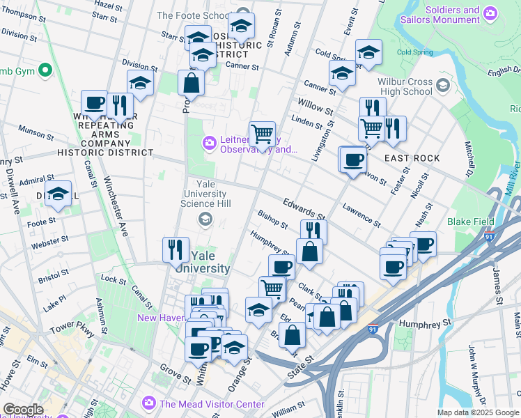map of restaurants, bars, coffee shops, grocery stores, and more near 303 Whitney Avenue in New Haven