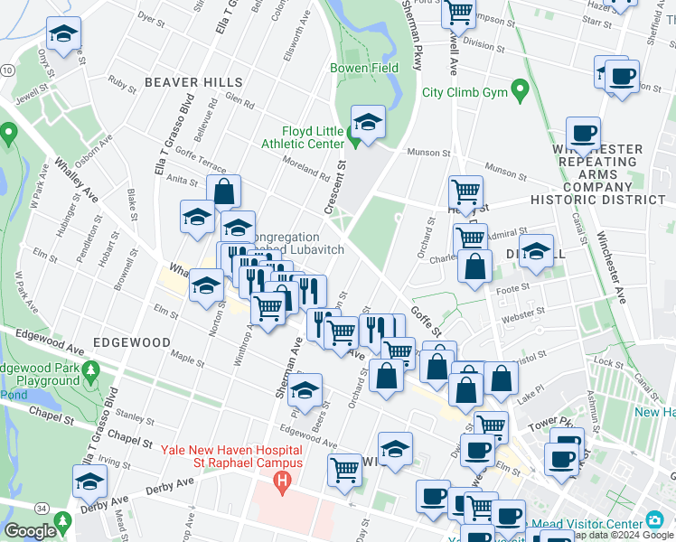 map of restaurants, bars, coffee shops, grocery stores, and more near 379 Sherman Avenue in New Haven