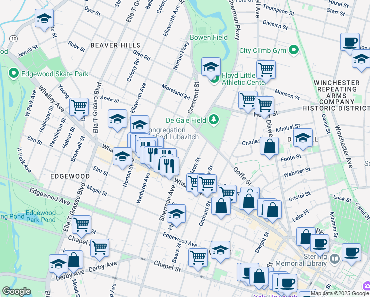 map of restaurants, bars, coffee shops, grocery stores, and more near 67 Carmel Street in New Haven