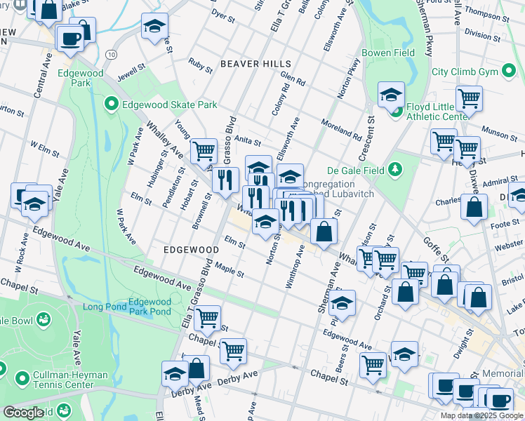 map of restaurants, bars, coffee shops, grocery stores, and more near 333 Ellsworth Avenue in New Haven