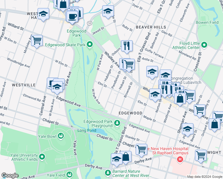 map of restaurants, bars, coffee shops, grocery stores, and more near 97 Pendleton Street in New Haven