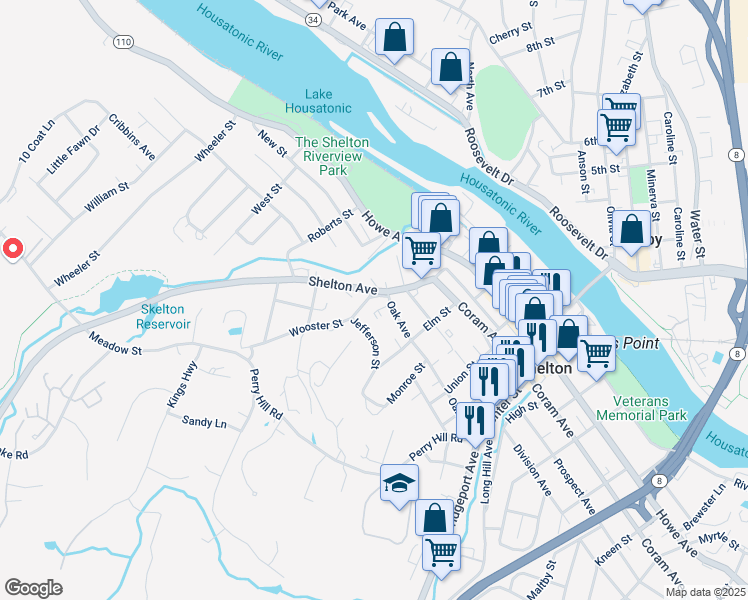 map of restaurants, bars, coffee shops, grocery stores, and more near 101 Wooster Street in Shelton