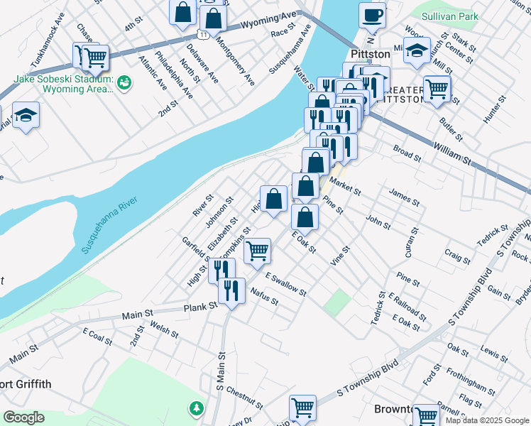 map of restaurants, bars, coffee shops, grocery stores, and more near 44 Tompkins Street in Pittston