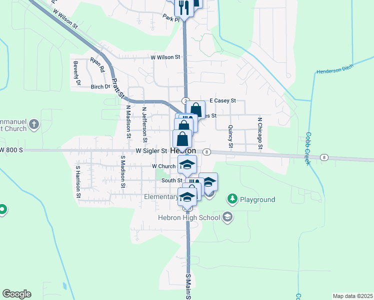 map of restaurants, bars, coffee shops, grocery stores, and more near 121 North Main Street in Hebron