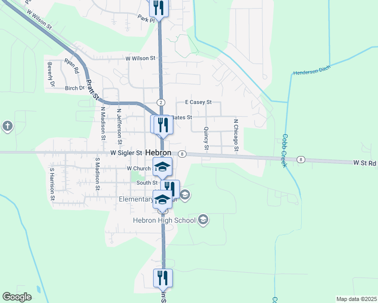 map of restaurants, bars, coffee shops, grocery stores, and more near 207 East Sigler Street in Hebron
