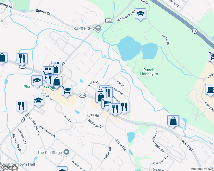 map of restaurants, bars, coffee shops, grocery stores, and more near 2 Robyn Drive in Monroe