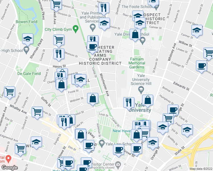 map of restaurants, bars, coffee shops, grocery stores, and more near 127 Winchester Avenue in New Haven