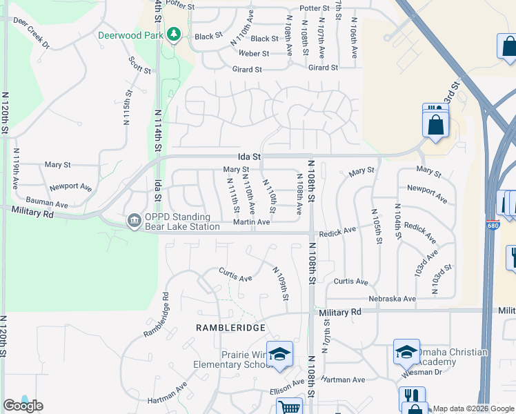 map of restaurants, bars, coffee shops, grocery stores, and more near 11409 Bauman Circle in Omaha