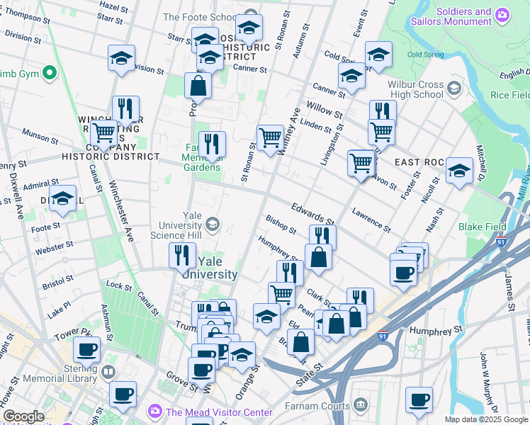 map of restaurants, bars, coffee shops, grocery stores, and more near 303 Whitney Avenue in New Haven