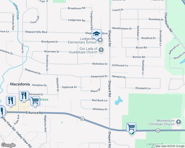 map of restaurants, bars, coffee shops, grocery stores, and more near 1289 Deepwood Drive in Macedonia