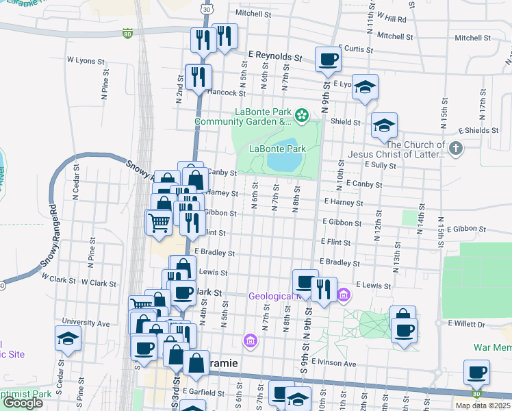 map of restaurants, bars, coffee shops, grocery stores, and more near 600-698 East Harney Street in Laramie