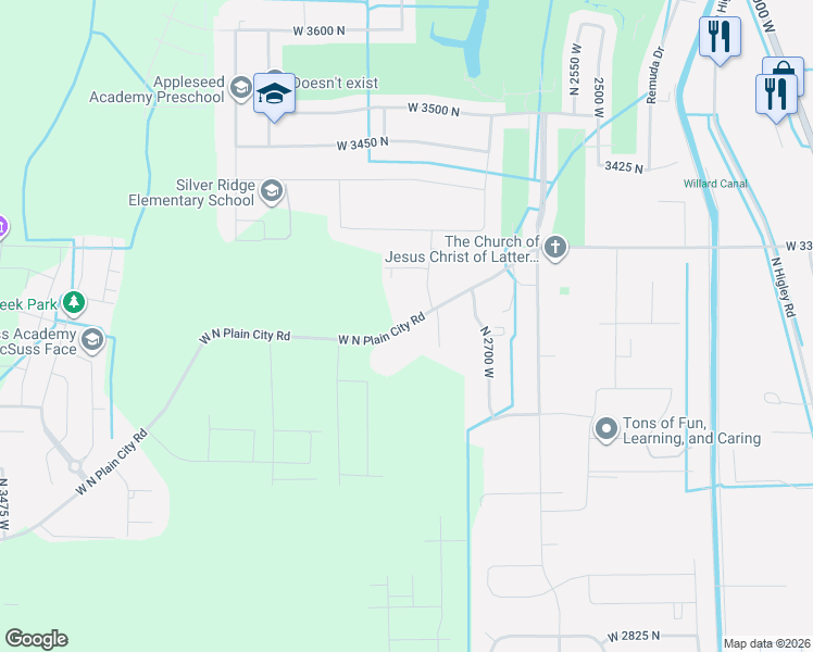 map of restaurants, bars, coffee shops, grocery stores, and more near 2812 West North Plain City Road in Plain City