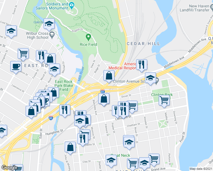 map of restaurants, bars, coffee shops, grocery stores, and more near 11 Warren Place in New Haven
