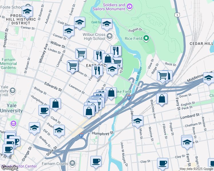 map of restaurants, bars, coffee shops, grocery stores, and more near 98 Eagle Street in New Haven