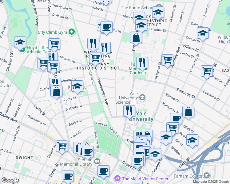 map of restaurants, bars, coffee shops, grocery stores, and more near 137 Mansfield Street in New Haven